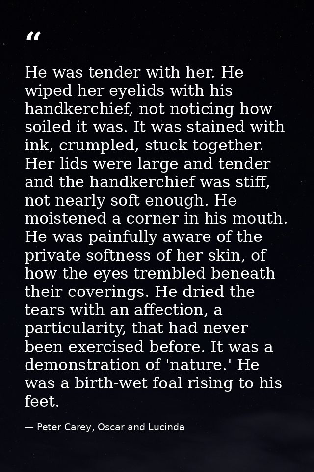He was tender with her. He wiped her eyelids with his handkerchief, not noticing how soiled it was. It was stained with  — Peter Carey, Oscar and Lucinda