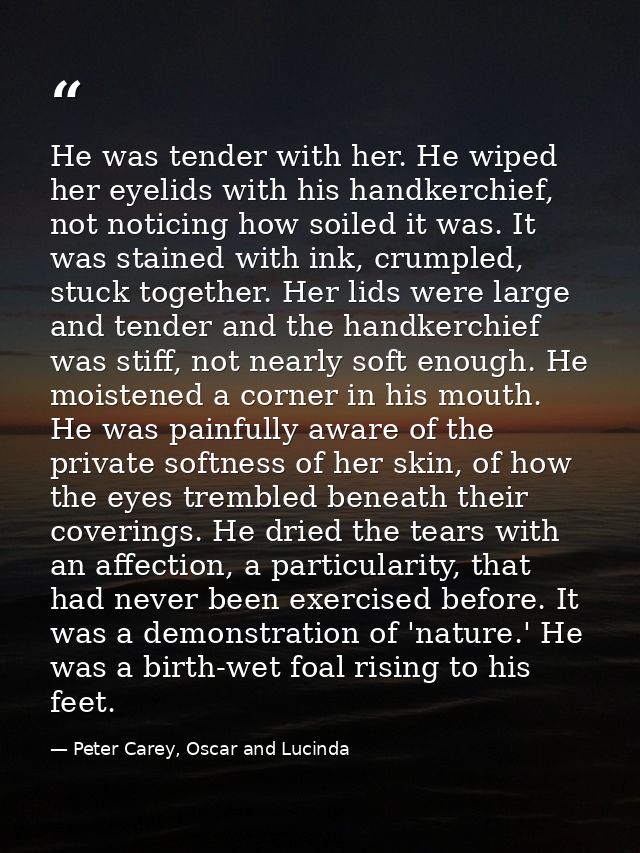 He was tender with her. He wiped her eyelids with his handkerchief, not noticing how soiled it was. It was stained with  — Peter Carey, Oscar and Lucinda