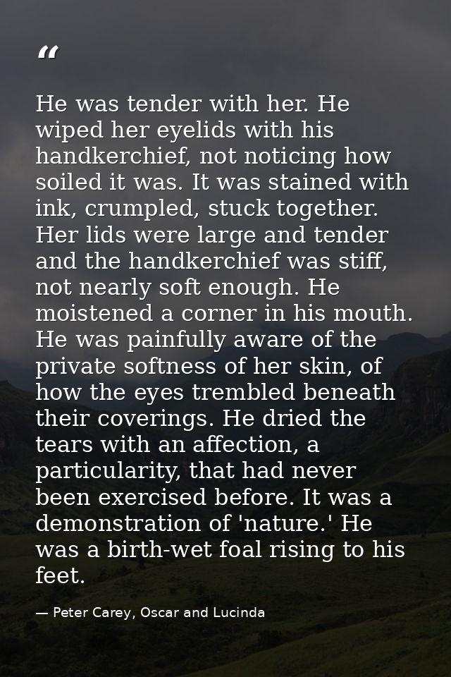 He was tender with her. He wiped her eyelids with his handkerchief, not noticing how soiled it was. It was stained with  — Peter Carey, Oscar and Lucinda