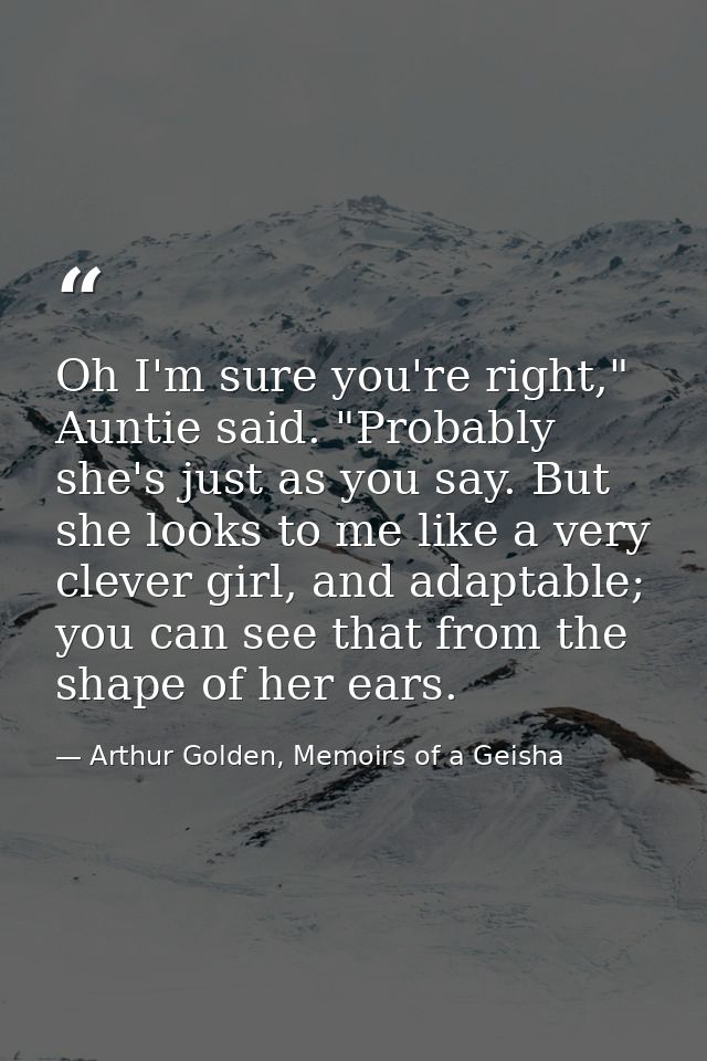 Oh I'm sure you're right," Auntie said. "Probably she's just as you say. But she looks to me like a very clever girl, an — Arthur Golden, Memoirs of a Geisha