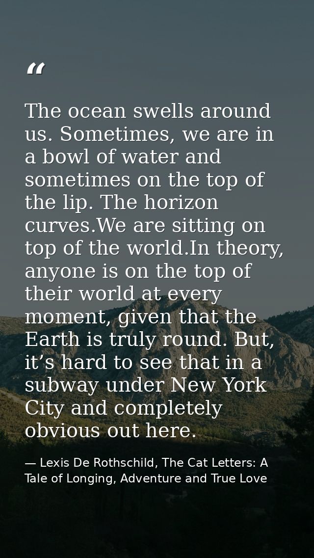 The ocean swells around us. Sometimes, we are in a bowl of water and sometimes on the top of the lip. The horizon curves — Lexis De Rothschild, The Cat Letters: A Tale of Longing, Adventure and True Love