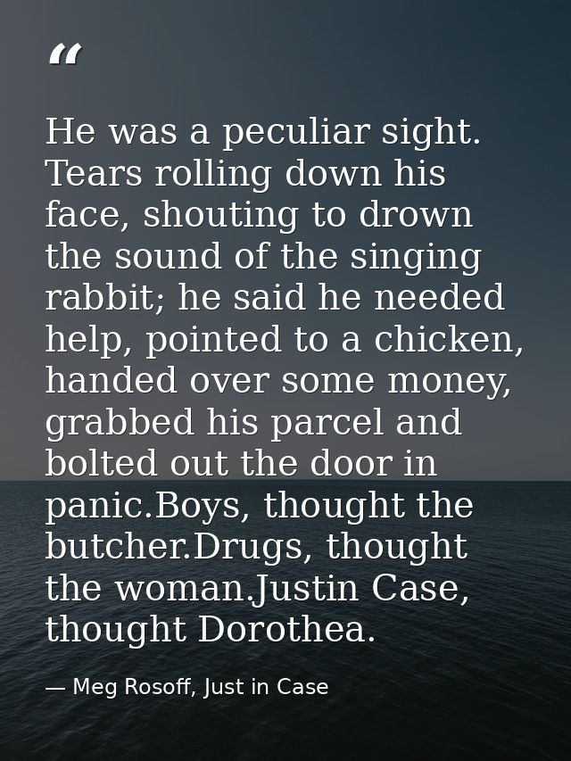 He was a peculiar sight. Tears rolling down his face, shouting to drown the sound of the singing rabbit; he said he need — Meg Rosoff, Just in Case