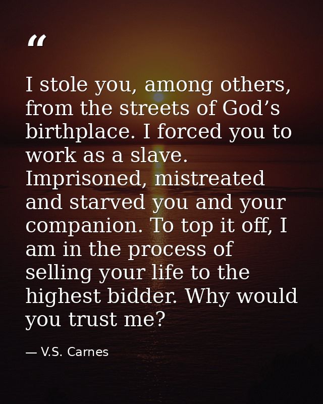 I stole you, among others, from the streets of God’s birthplace. I forced you to work as a slave. Imprisoned, mistreated — V.S. Carnes