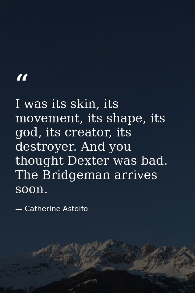 I was its skin, its movement, its shape, its god, its creator, its destroyer. And you thought Dexter was bad. The Bridge — Catherine Astolfo