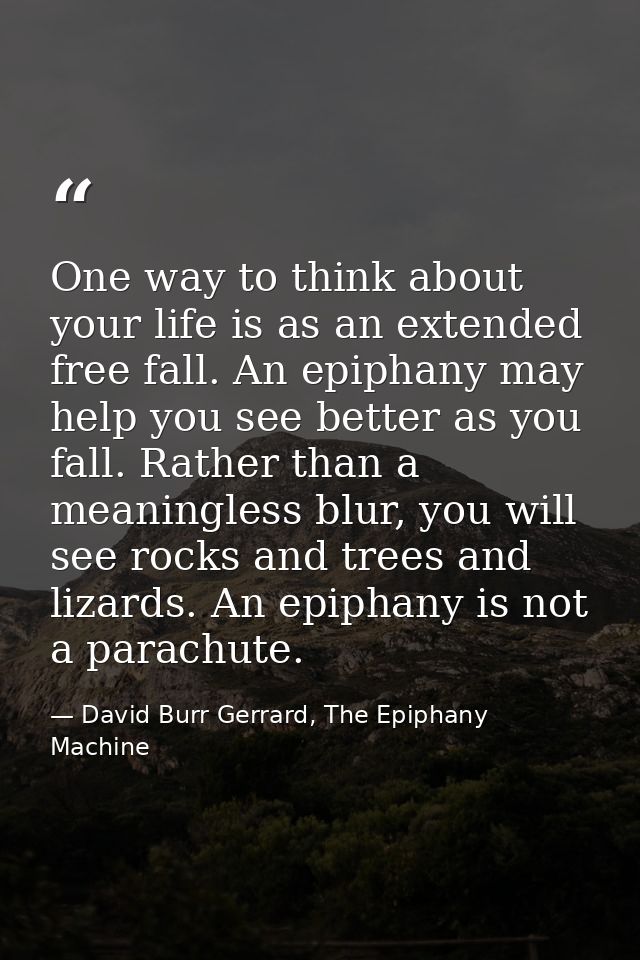 One way to think about your life is as an extended free fall. An epiphany may help you see better as you fall. Rather th — David Burr Gerrard, The Epiphany Machine
