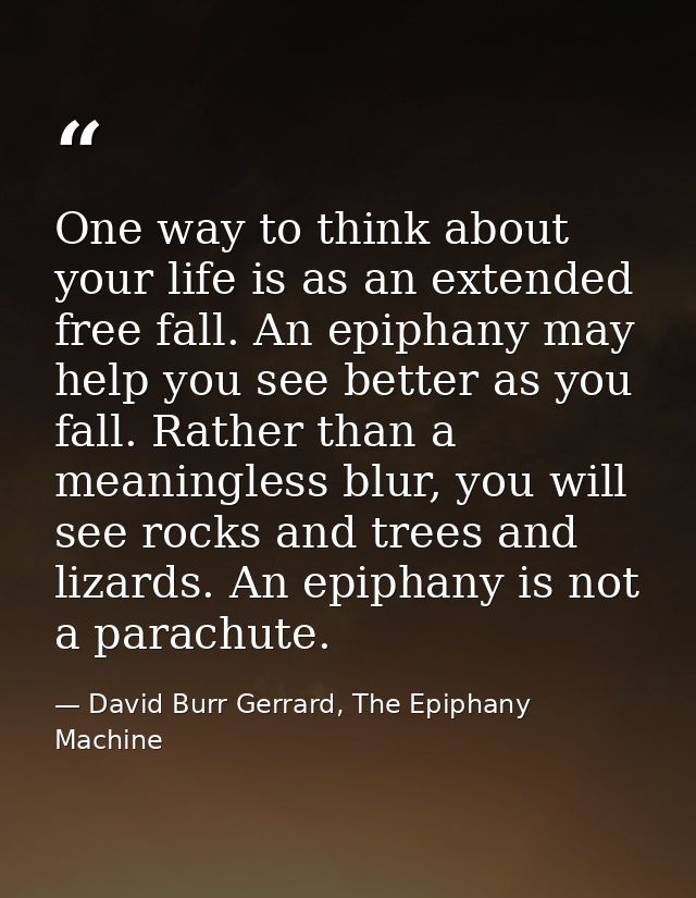 One way to think about your life is as an extended free fall. An epiphany may help you see better as you fall. Rather th — David Burr Gerrard, The Epiphany Machine