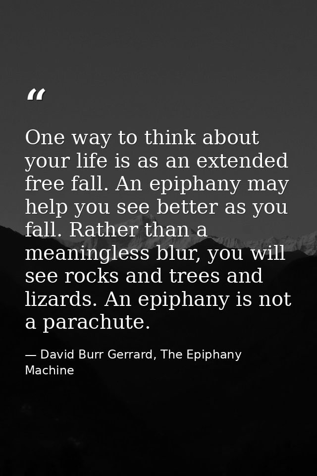 One way to think about your life is as an extended free fall. An epiphany may help you see better as you fall. Rather th — David Burr Gerrard, The Epiphany Machine