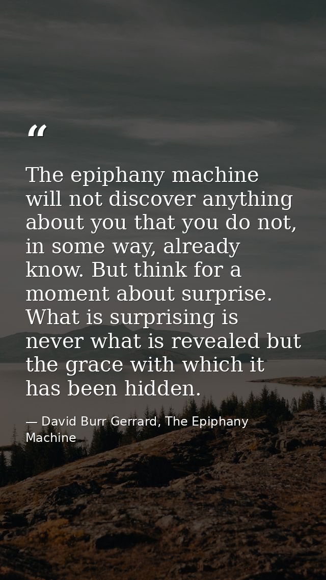 The epiphany machine will not discover anything about you that you do not, in some way, already know. But think for a mo — David Burr Gerrard, The Epiphany Machine