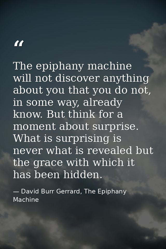 The epiphany machine will not discover anything about you that you do not, in some way, already know. But think for a mo — David Burr Gerrard, The Epiphany Machine