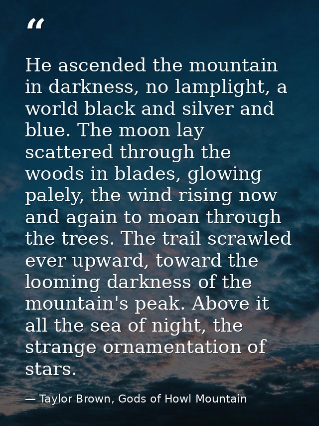 He ascended the mountain in darkness, no lamplight, a world black and silver and blue. The moon lay scattered through th — Taylor Brown, Gods of Howl Mountain