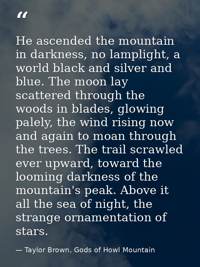 He ascended the mountain in darkness, no lamplight, a world black and silver and blue. The moon lay scattered through th — Taylor Brown, Gods of Howl Mountain