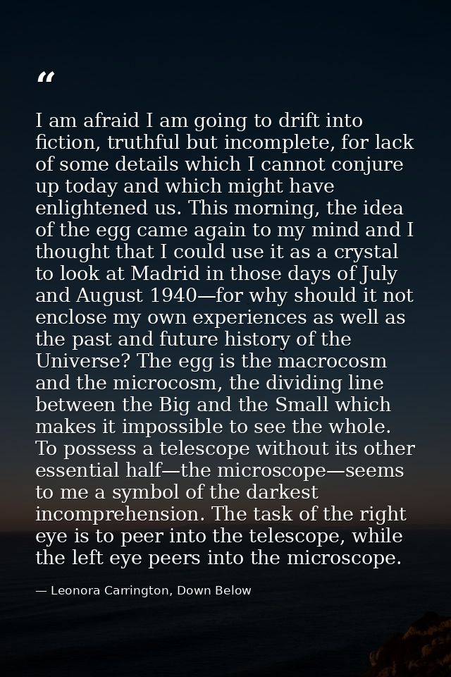 I am afraid I am going to drift into fiction, truthful but incomplete, for lack of some details which I cannot conjure u — Leonora Carrington, Down Below