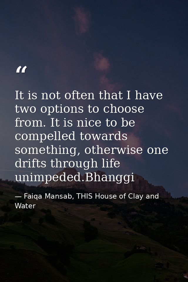 It is not often that I have two options to choose from. It is nice to be compelled towards something, otherwise one drif — Faiqa Mansab, THIS House of Clay and Water