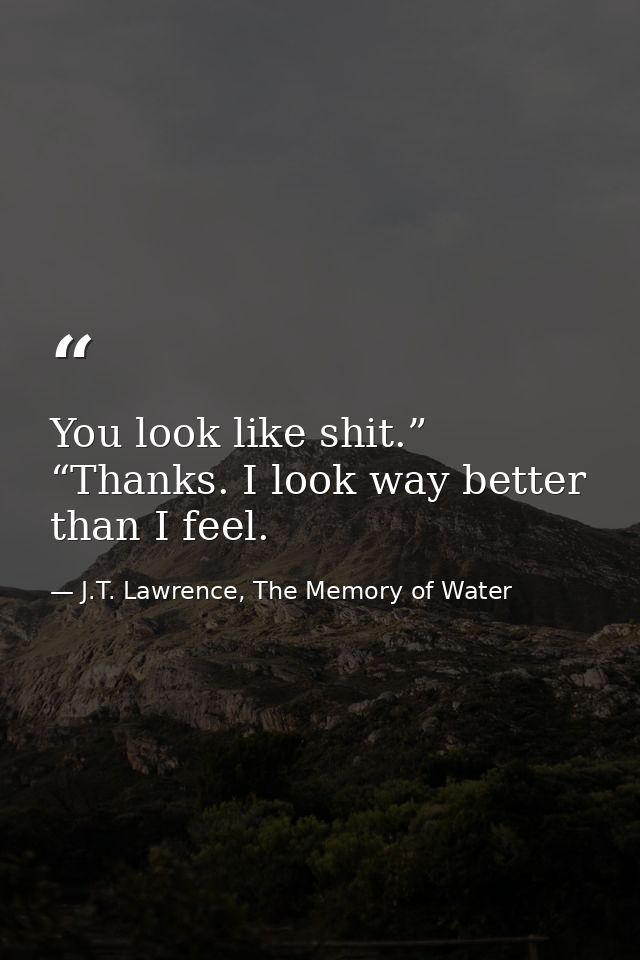 You look like shit.” “Thanks. I look way better than I feel. — J.T. Lawrence, The Memory of Water