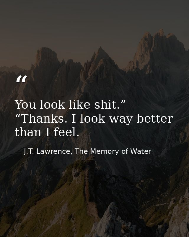 You look like shit.” “Thanks. I look way better than I feel. — J.T. Lawrence, The Memory of Water