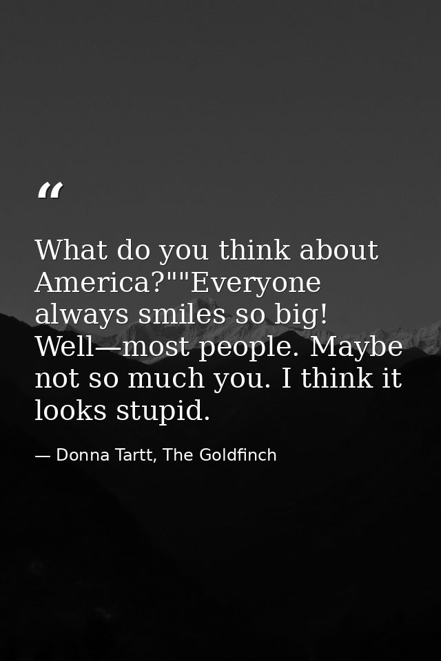 What do you think about America?""Everyone always smiles so big! Well—most people. Maybe not so much you. I think it loo — Donna Tartt, The Goldfinch