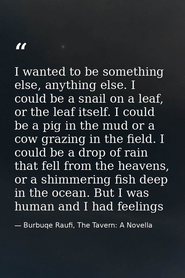 I wanted to be something else, anything else. I could be a snail on a leaf, or the leaf itself. I could be a pig in the  — Burbuqe Raufi, The Tavern: A Novella