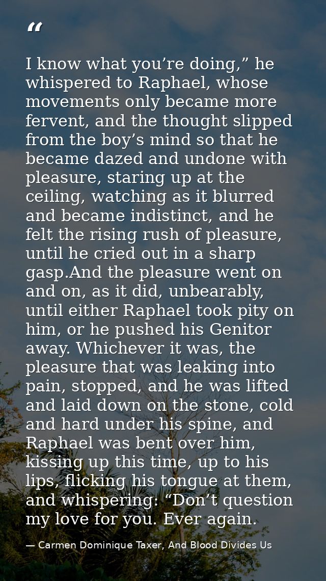 I know what you’re doing,” he whispered to Raphael, whose movements only became more fervent, and the thought slipped fr — Carmen Dominique Taxer, And Blood Divides Us