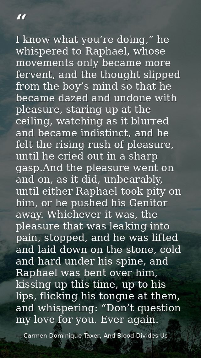 I know what you’re doing,” he whispered to Raphael, whose movements only became more fervent, and the thought slipped fr — Carmen Dominique Taxer, And Blood Divides Us