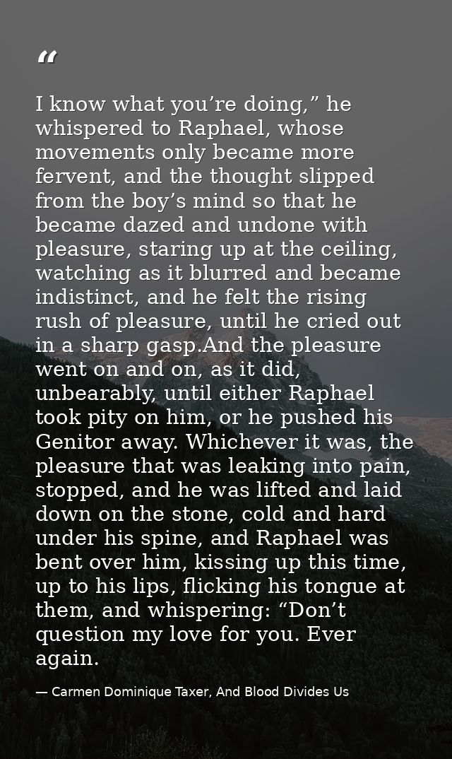 I know what you’re doing,” he whispered to Raphael, whose movements only became more fervent, and the thought slipped fr — Carmen Dominique Taxer, And Blood Divides Us