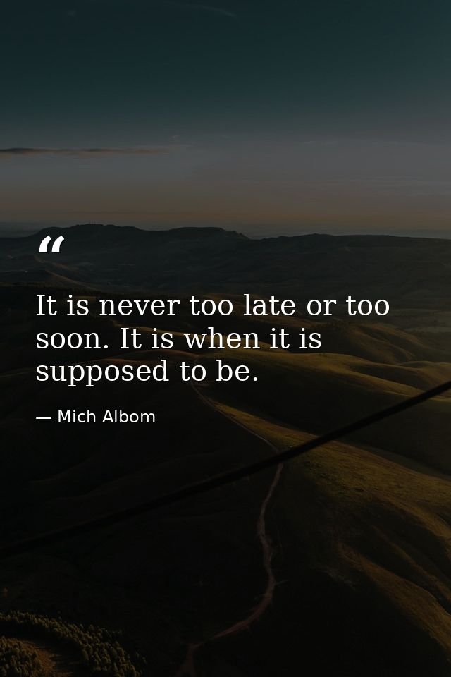 It is never too late or too soon. It is when it is supposed to be. — Mich Albom