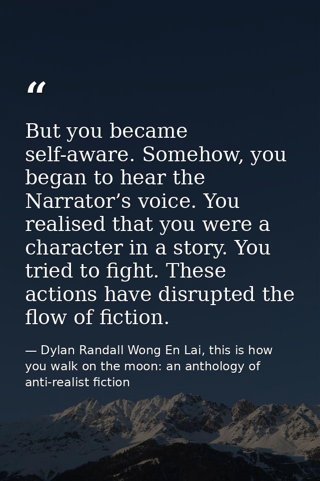 But you became self-aware. Somehow, you began to hear the Narrator’s voice. You realised that you were a character in a  — Dylan Randall Wong En Lai, this is how you walk on the moon: an anthology of anti-realist fiction