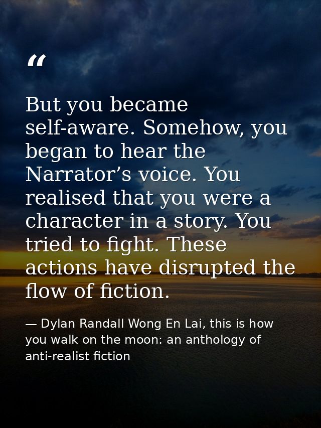 But you became self-aware. Somehow, you began to hear the Narrator’s voice. You realised that you were a character in a  — Dylan Randall Wong En Lai, this is how you walk on the moon: an anthology of anti-realist fiction