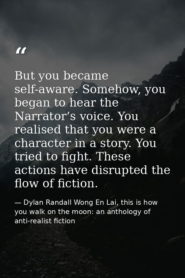 But you became self-aware. Somehow, you began to hear the Narrator’s voice. You realised that you were a character in a  — Dylan Randall Wong En Lai, this is how you walk on the moon: an anthology of anti-realist fiction