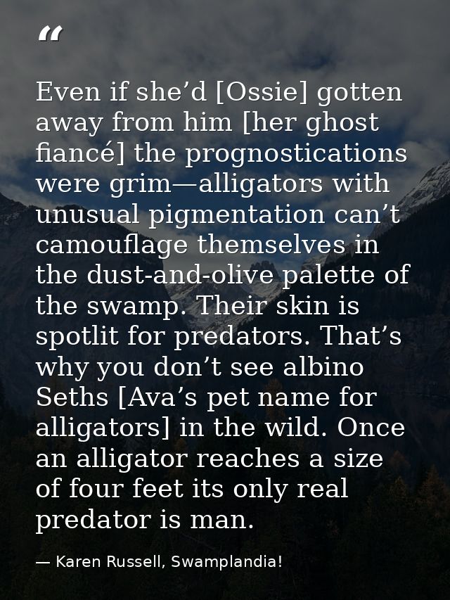 Even if she’d [Ossie] gotten away from him [her ghost fiancé] the prognostications were grim—alligators with unusual pig — Karen Russell, Swamplandia!
