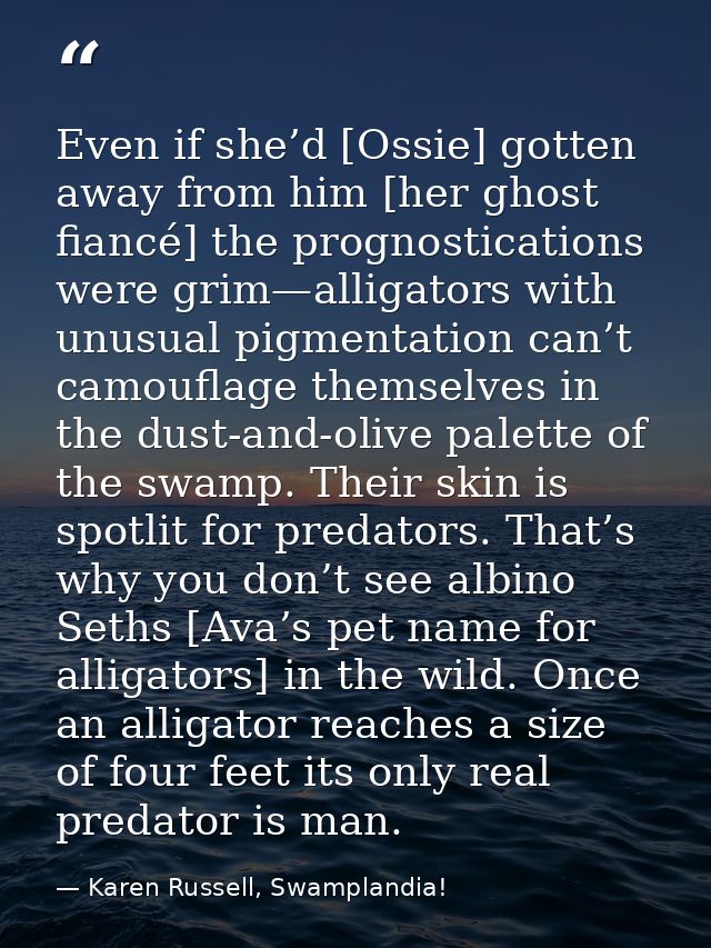 Even if she’d [Ossie] gotten away from him [her ghost fiancé] the prognostications were grim—alligators with unusual pig — Karen Russell, Swamplandia!