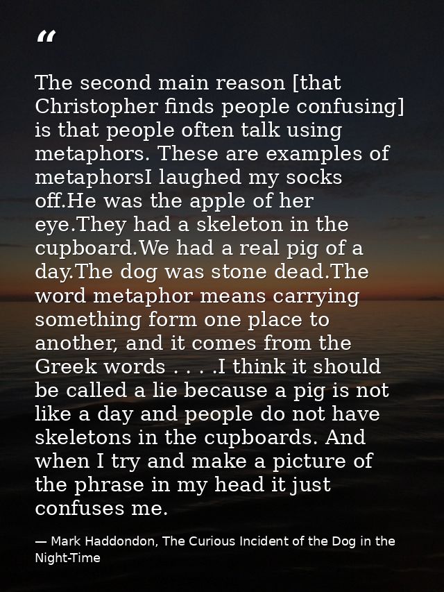 The second main reason [that Christopher finds people confusing] is that people often talk using metaphors. These are ex — Mark Haddondon, The Curious Incident of the Dog in the Night-Time