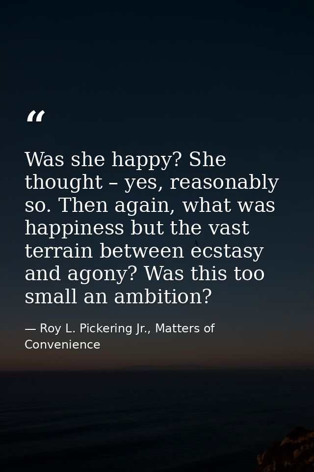 Was she happy? She thought – yes, reasonably so. Then again, what was happiness but the vast terrain between ecstasy and — Roy L. Pickering Jr., Matters of Convenience