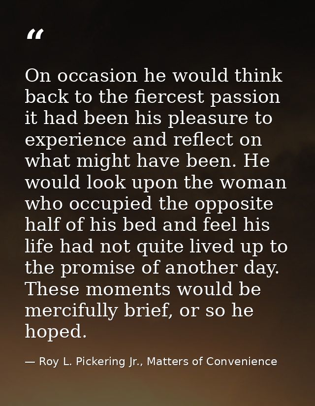 On occasion he would think back to the fiercest passion it had been his pleasure to experience and reflect on what might — Roy L. Pickering Jr., Matters of Convenience