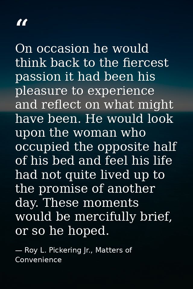 On occasion he would think back to the fiercest passion it had been his pleasure to experience and reflect on what might — Roy L. Pickering Jr., Matters of Convenience