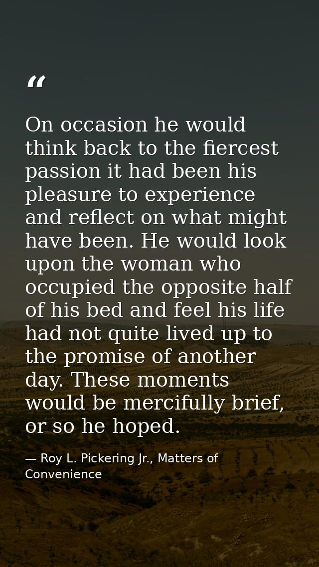 On occasion he would think back to the fiercest passion it had been his pleasure to experience and reflect on what might — Roy L. Pickering Jr., Matters of Convenience