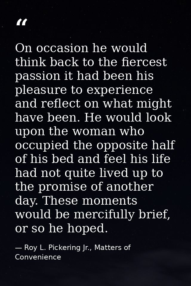 On occasion he would think back to the fiercest passion it had been his pleasure to experience and reflect on what might — Roy L. Pickering Jr., Matters of Convenience