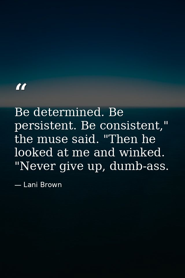 Be determined. Be persistent. Be consistent," the muse said. "Then he looked at me and winked. "Never give up, dumb-ass. — Lani Brown