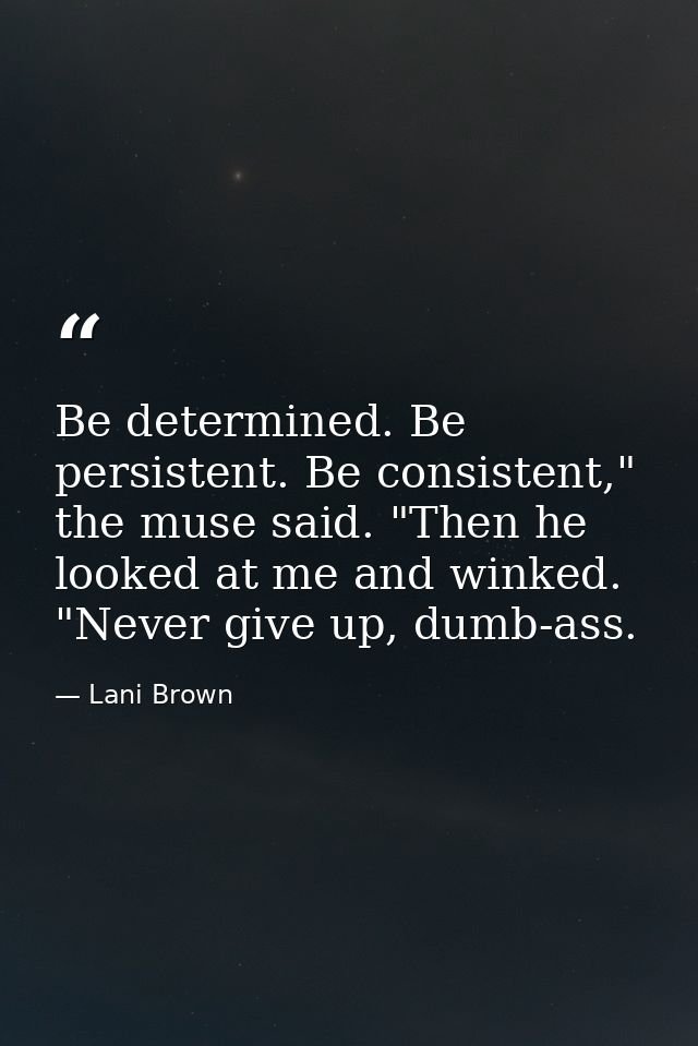 Be determined. Be persistent. Be consistent," the muse said. "Then he looked at me and winked. "Never give up, dumb-ass. — Lani Brown