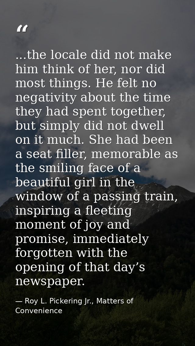 ...the locale did not make him think of her, nor did most things. He felt no negativity about the time they had spent to — Roy L. Pickering Jr., Matters of Convenience