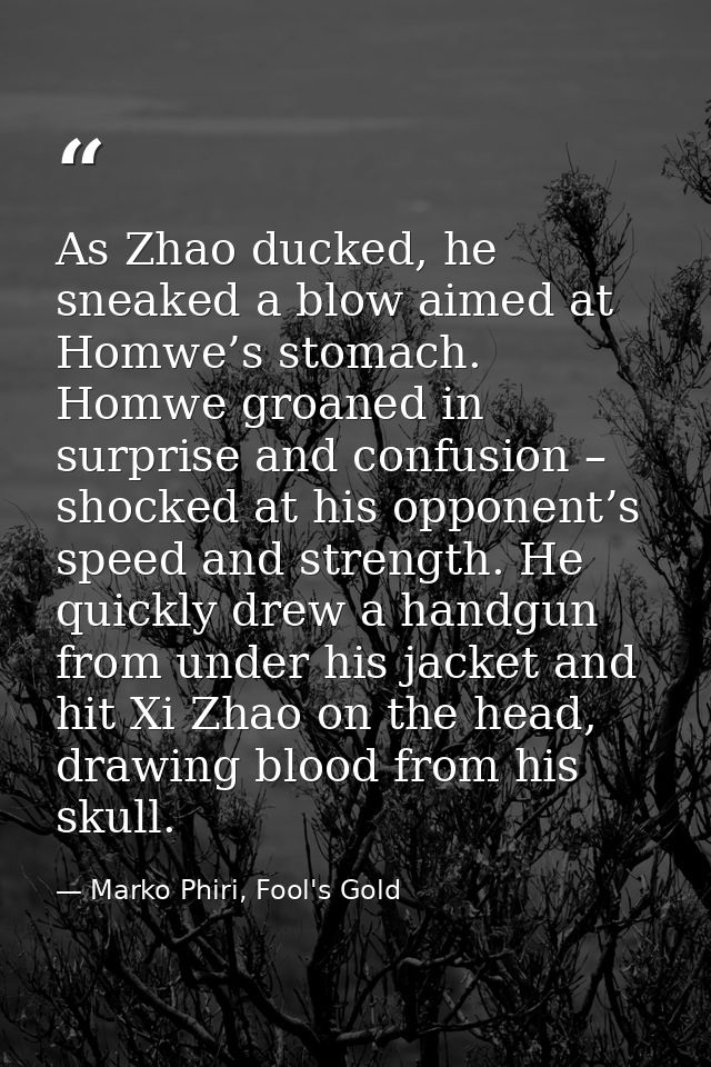 As Zhao ducked, he sneaked a blow aimed at Homwe’s stomach. Homwe groaned in surprise and confusion – shocked at his opp — Marko Phiri, Fool's Gold