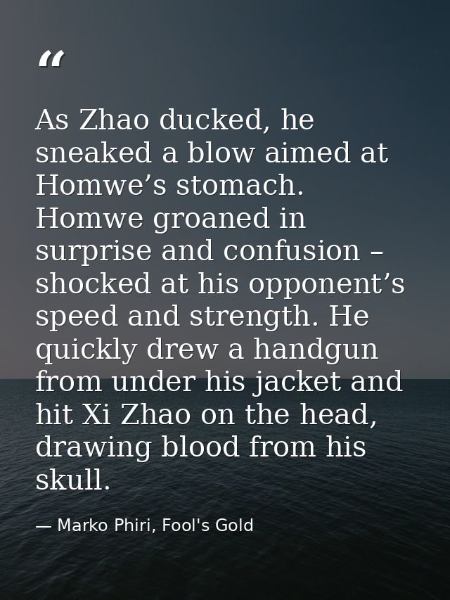 As Zhao ducked, he sneaked a blow aimed at Homwe’s stomach. Homwe groaned in surprise and confusion – shocked at his opp — Marko Phiri, Fool's Gold