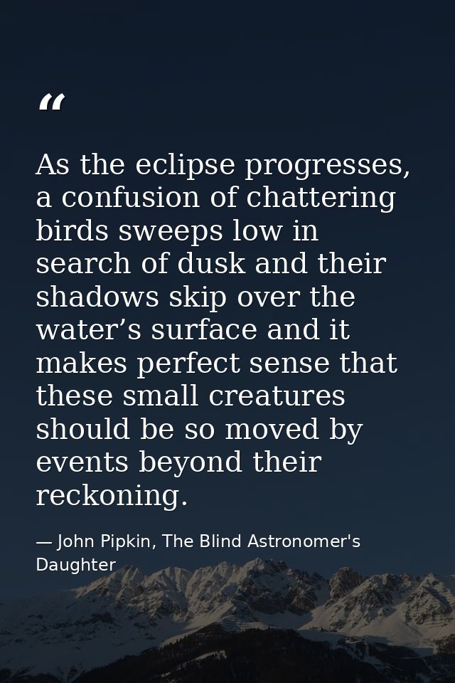 As the eclipse progresses, a confusion of chattering birds sweeps low in search of dusk and their shadows skip over the  — John Pipkin, The Blind Astronomer's Daughter