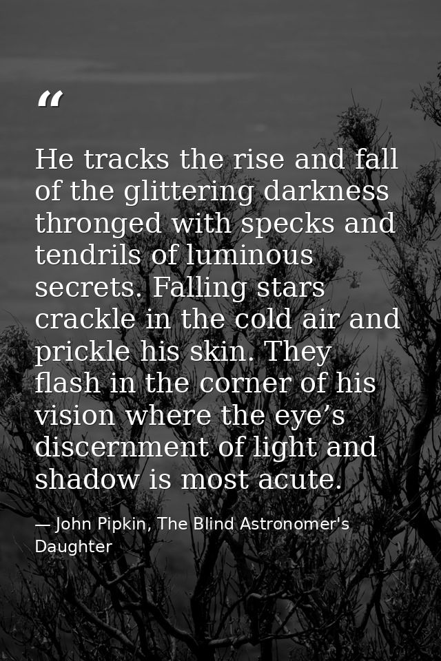 He tracks the rise and fall of the glittering darkness thronged with specks and tendrils of luminous secrets. Falling st — John Pipkin, The Blind Astronomer's Daughter