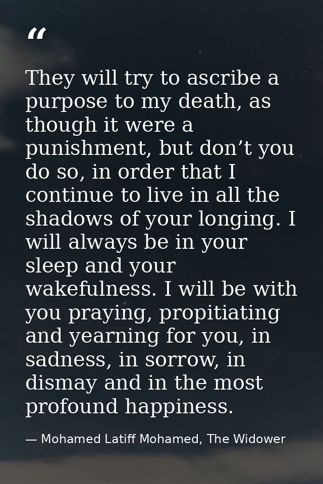 They will try to ascribe a purpose to my death, as though it were a punishment, but don’t you do so, in order that I con — Mohamed Latiff Mohamed, The Widower
