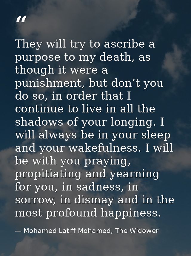 They will try to ascribe a purpose to my death, as though it were a punishment, but don’t you do so, in order that I con — Mohamed Latiff Mohamed, The Widower