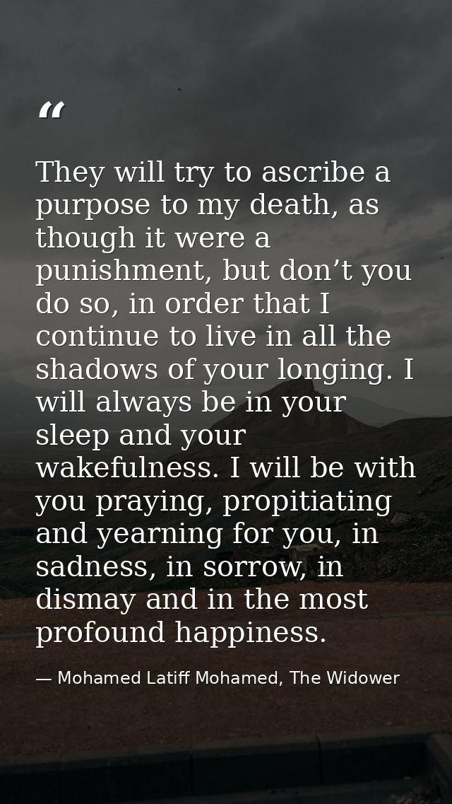They will try to ascribe a purpose to my death, as though it were a punishment, but don’t you do so, in order that I con — Mohamed Latiff Mohamed, The Widower