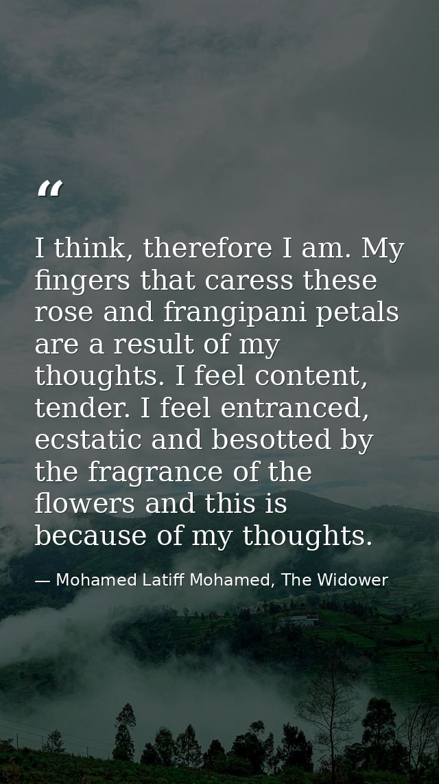 I think, therefore I am. My fingers that caress these rose and frangipani petals are a result of my thoughts. I feel con — Mohamed Latiff Mohamed, The Widower
