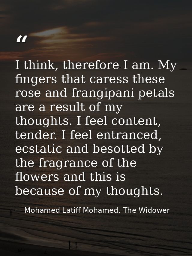 I think, therefore I am. My fingers that caress these rose and frangipani petals are a result of my thoughts. I feel con — Mohamed Latiff Mohamed, The Widower