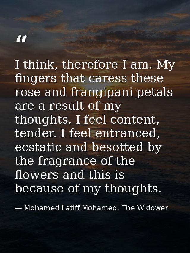 I think, therefore I am. My fingers that caress these rose and frangipani petals are a result of my thoughts. I feel con — Mohamed Latiff Mohamed, The Widower