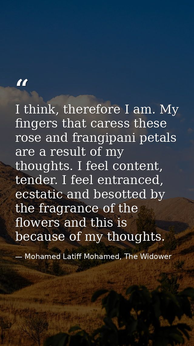 I think, therefore I am. My fingers that caress these rose and frangipani petals are a result of my thoughts. I feel con — Mohamed Latiff Mohamed, The Widower